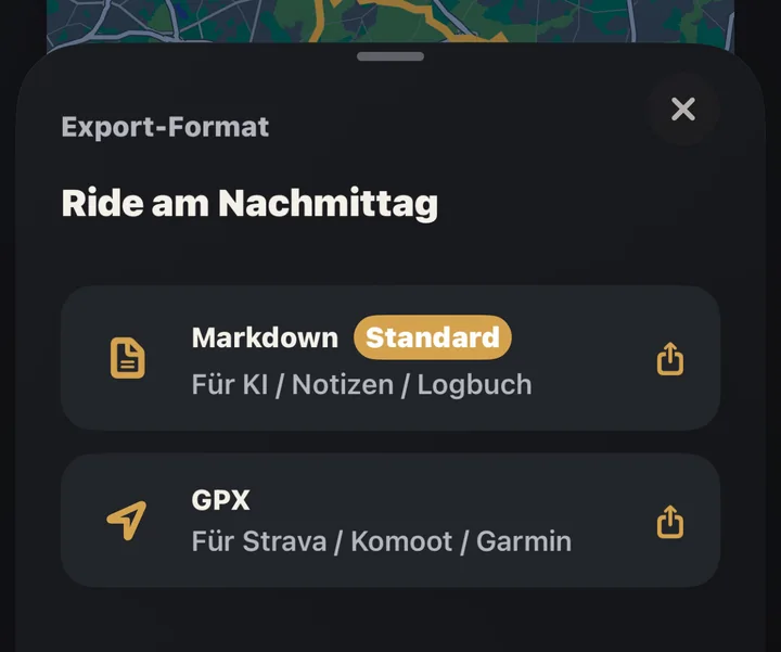Export-Format-Auswahl mit Markdown und GPX