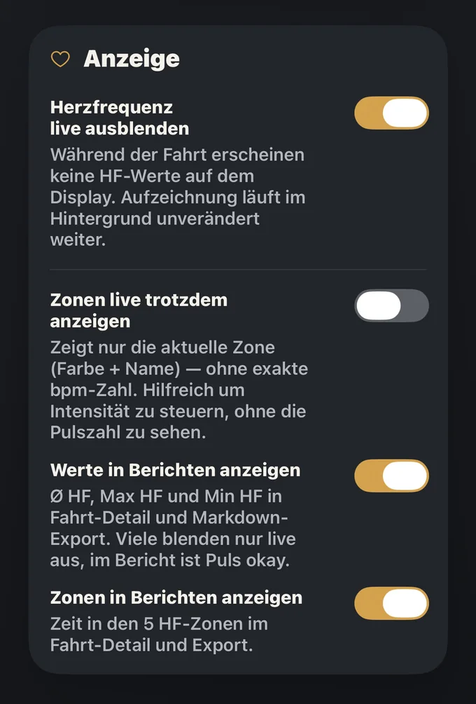 Einstellungen: Herzfrequenz live ausblenden