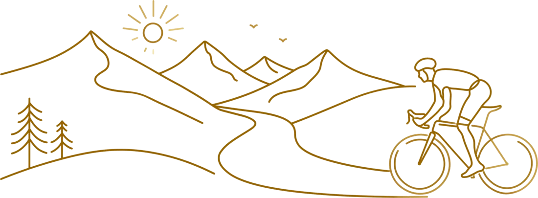 Radfahrer auf einer Bergstraße — gezeichnete Linien-Illustration mit Bergen und Sonne